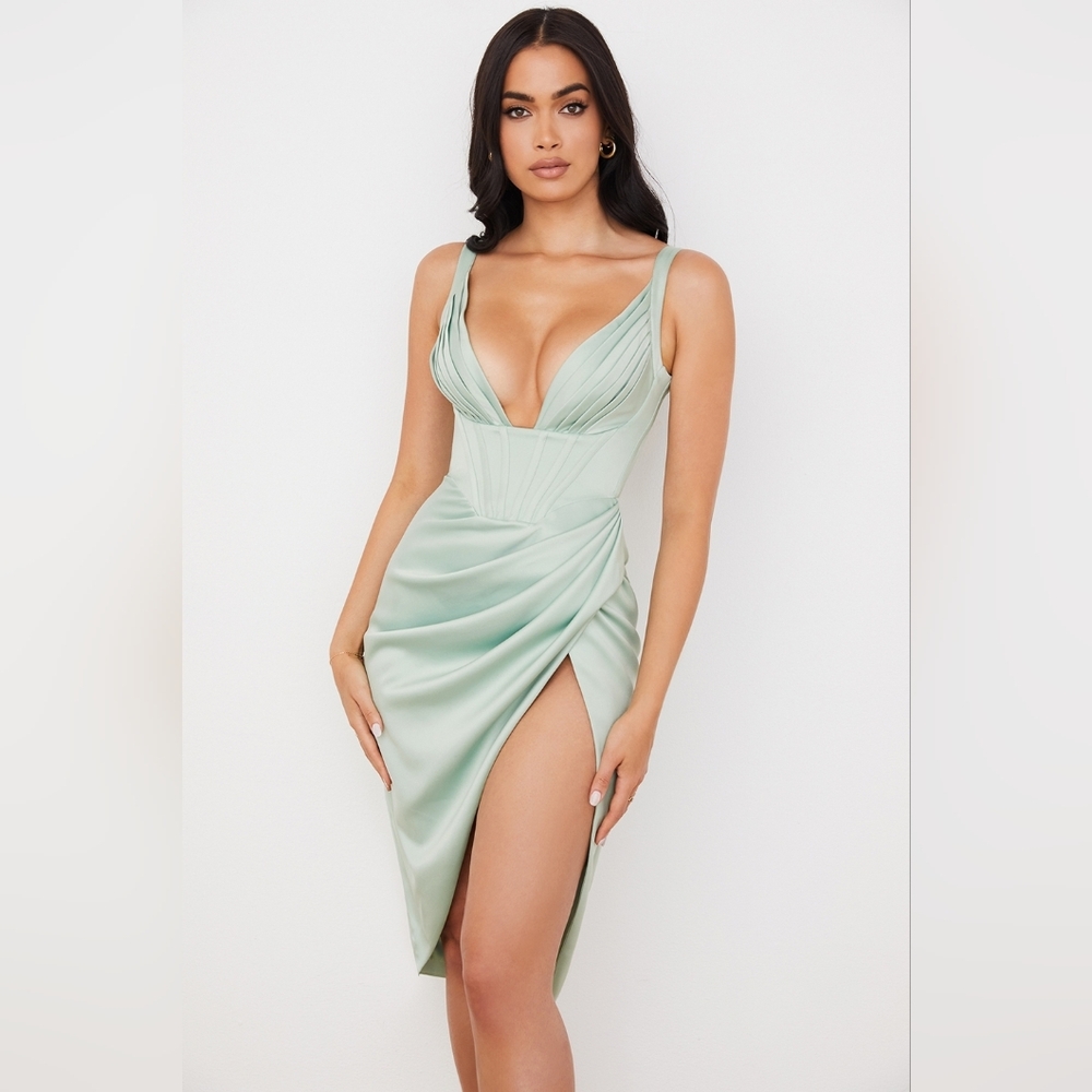 HOUSE OF CB Faye Satin Corset Midi Dress in Pistachio